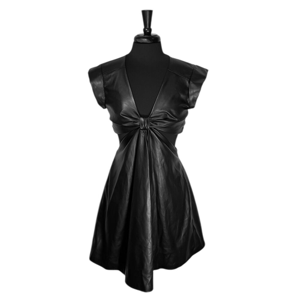 Jason Wu Women's Dress Black Vegan Faux Leather Cut Out Front Knot Mini M NWT